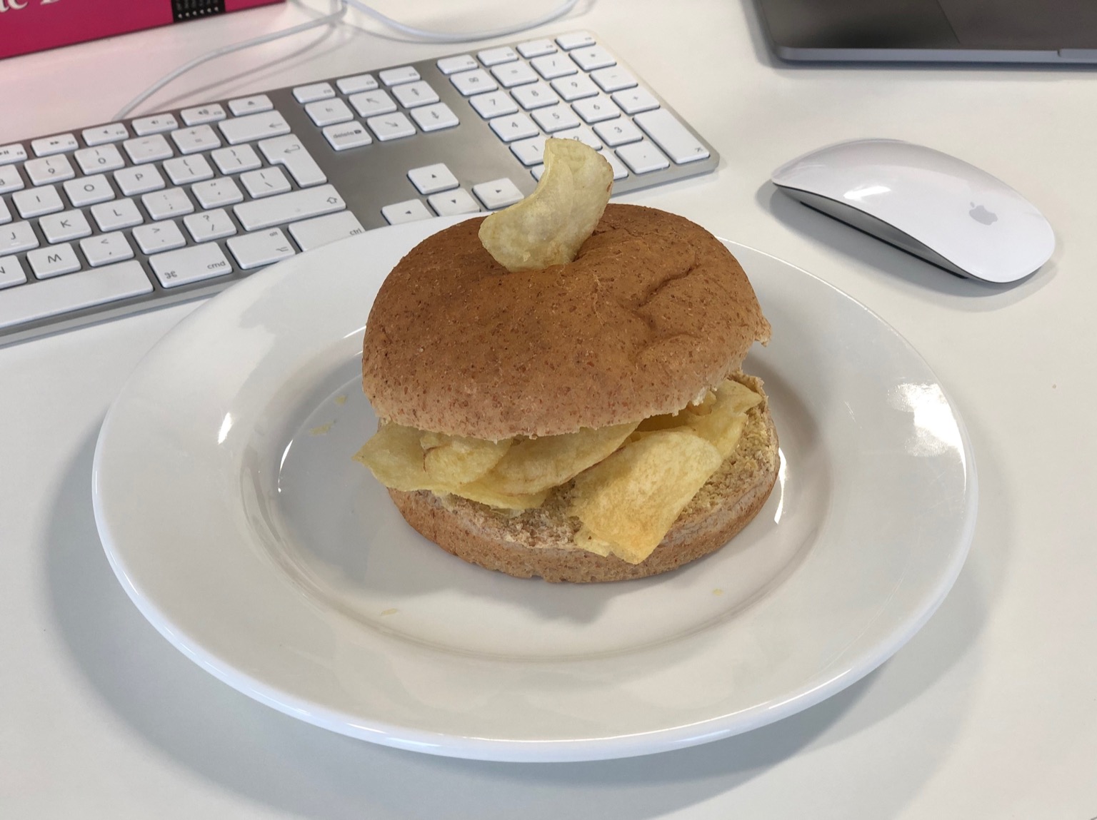 Potato crisps in and on a brown roll