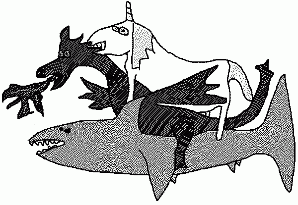 a unicorn riding a dragon riding a shark