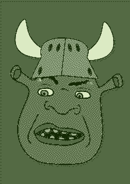 Drawn picture of the character Shrek wearing a Viking-style horned helmet.