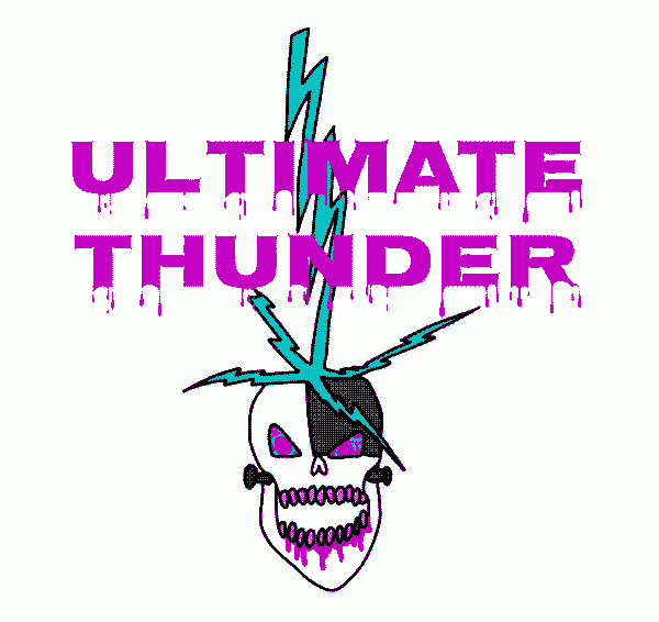 Band logo for Ultimate Thunder. A skull with a lightning bolt for hair.
