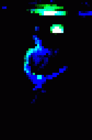 Highly pixaleted man playing an electric guitar in blue light.