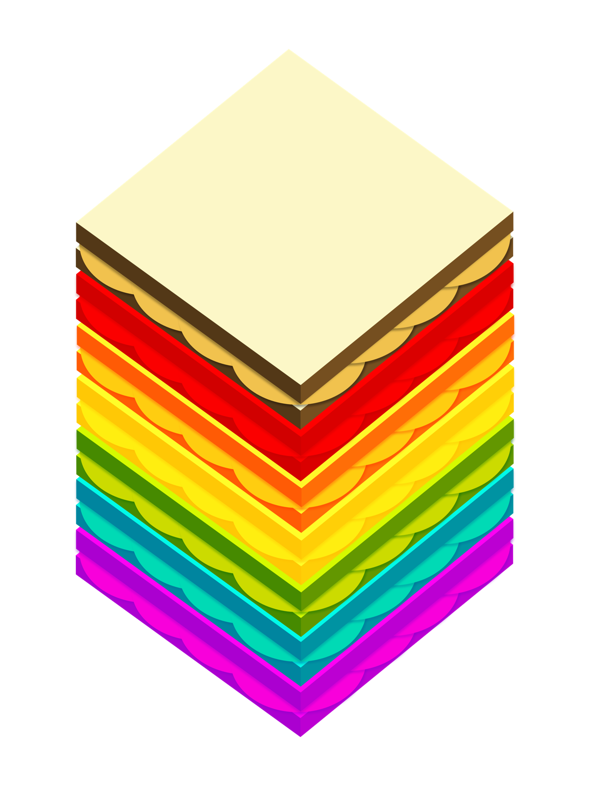Angular stack of multi-coloured crisp sandwiches