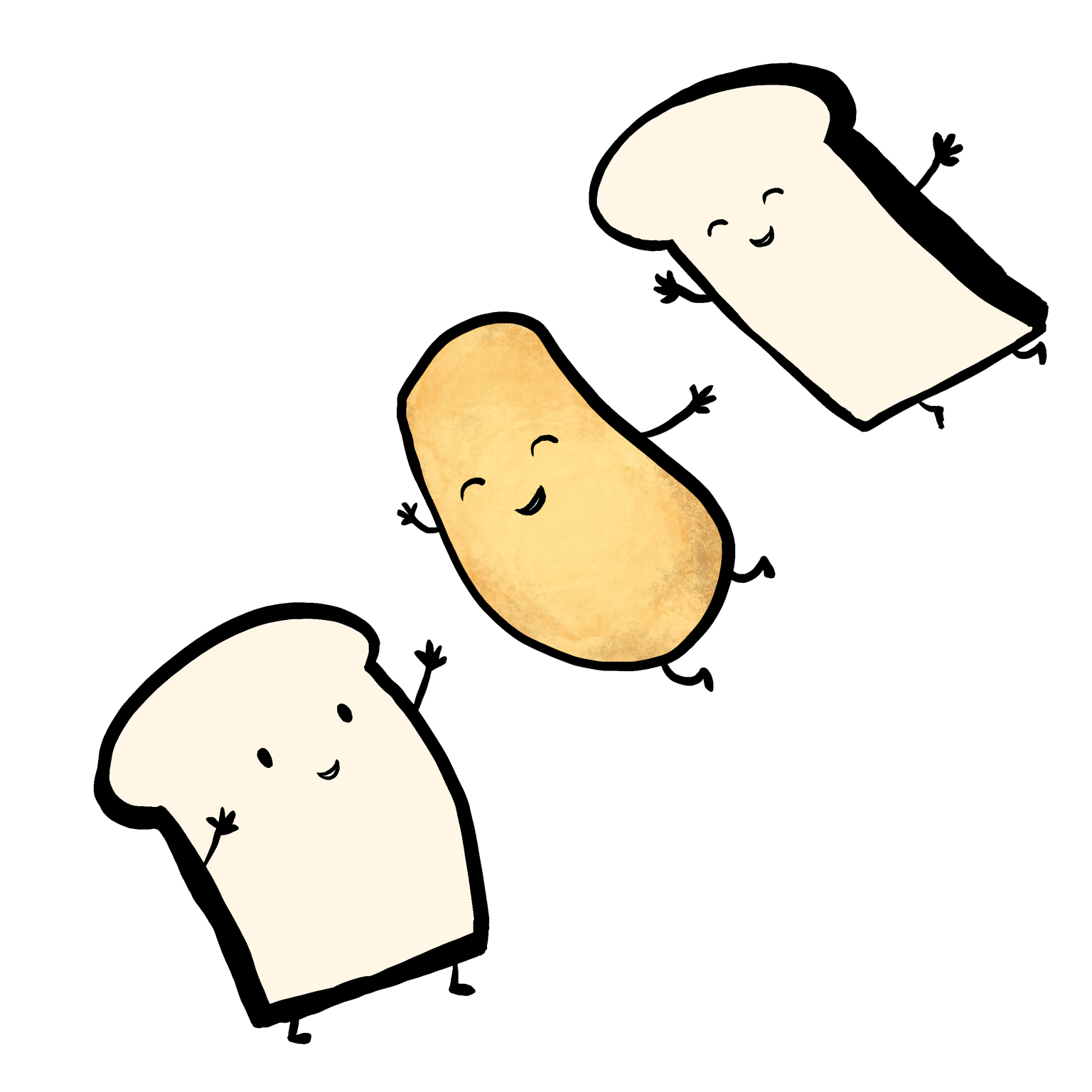 Happy characters of two slices of bread and a crisp