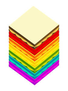 Angular stack of multi-coloured crisp sandwiches