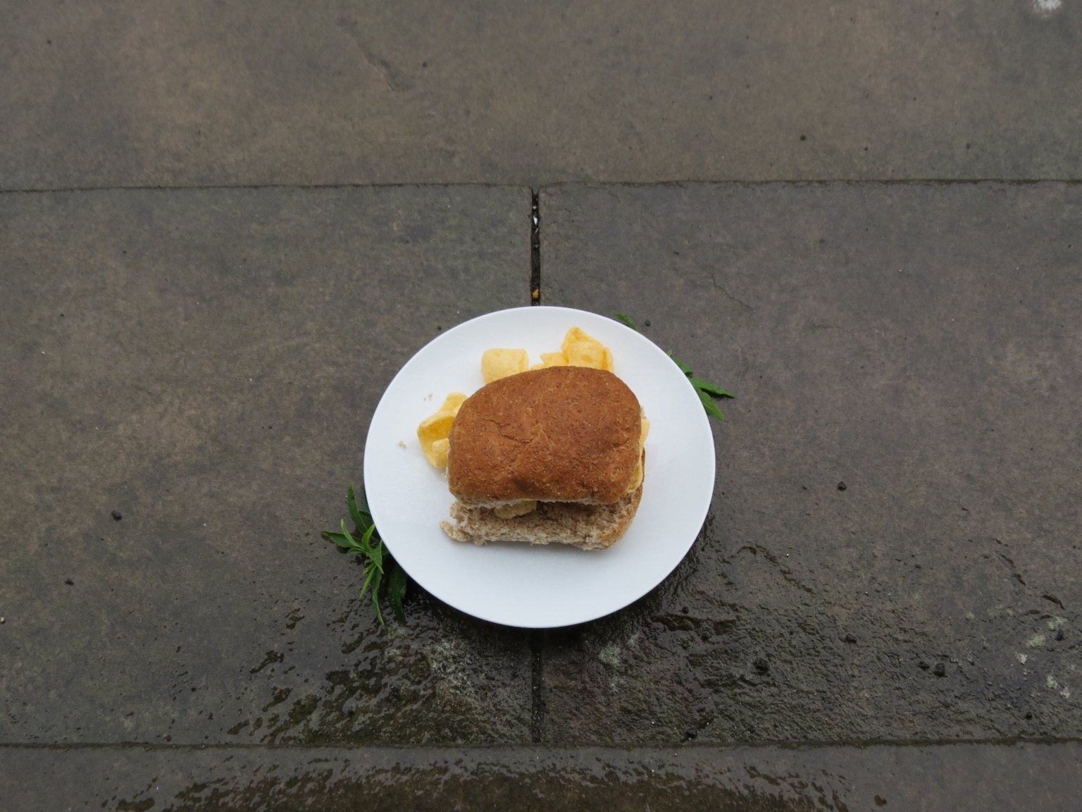 Brown roll fills with Quavers on wet pavement