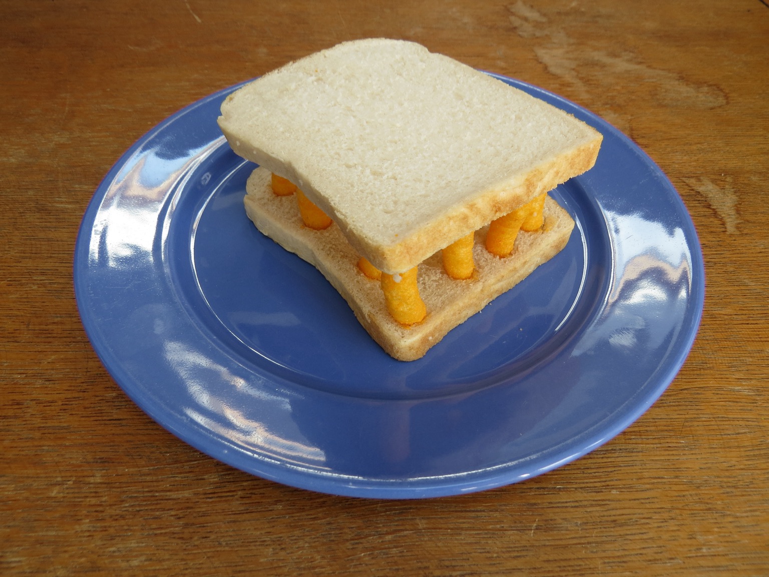 White bread slices with Wotsits columns in between