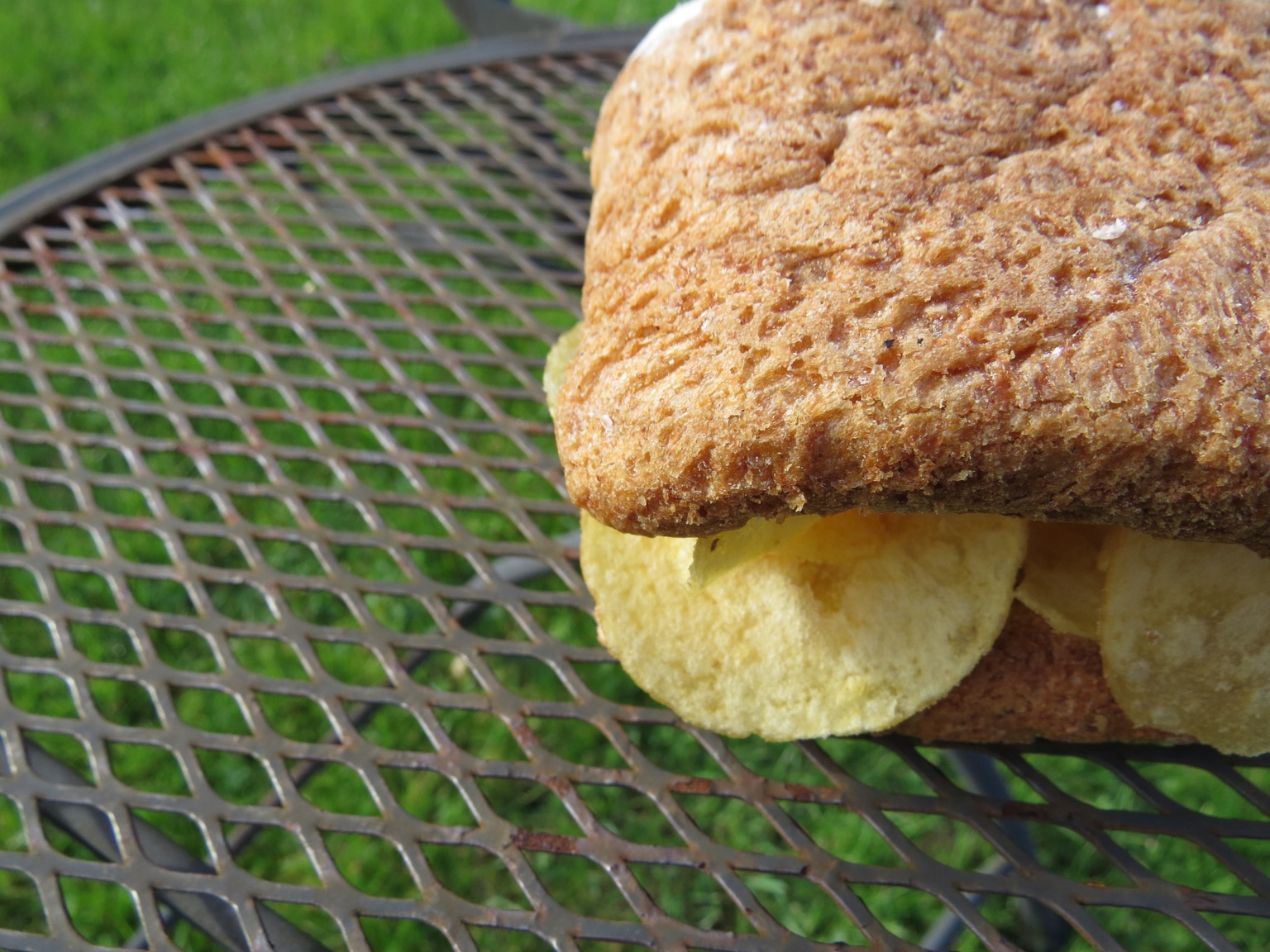Close up of brown crisp sandwich on a garden chair