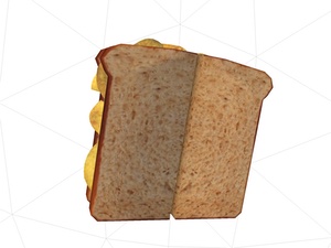 3D model of brown crisp sandwich cut at right angles