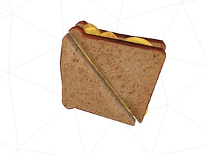 3D model of brown crisp sandwich cut diagonally