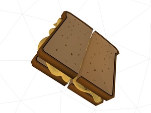 Cartoony 3D model of brown crisp sandwich cut at right angles