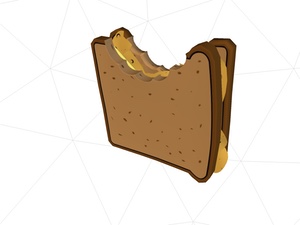 Cartoony 3D model of brown crisp sandwich with bite taken