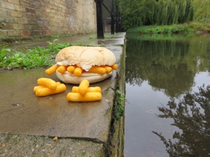 Wotsits in and alongside a roll sat by the water