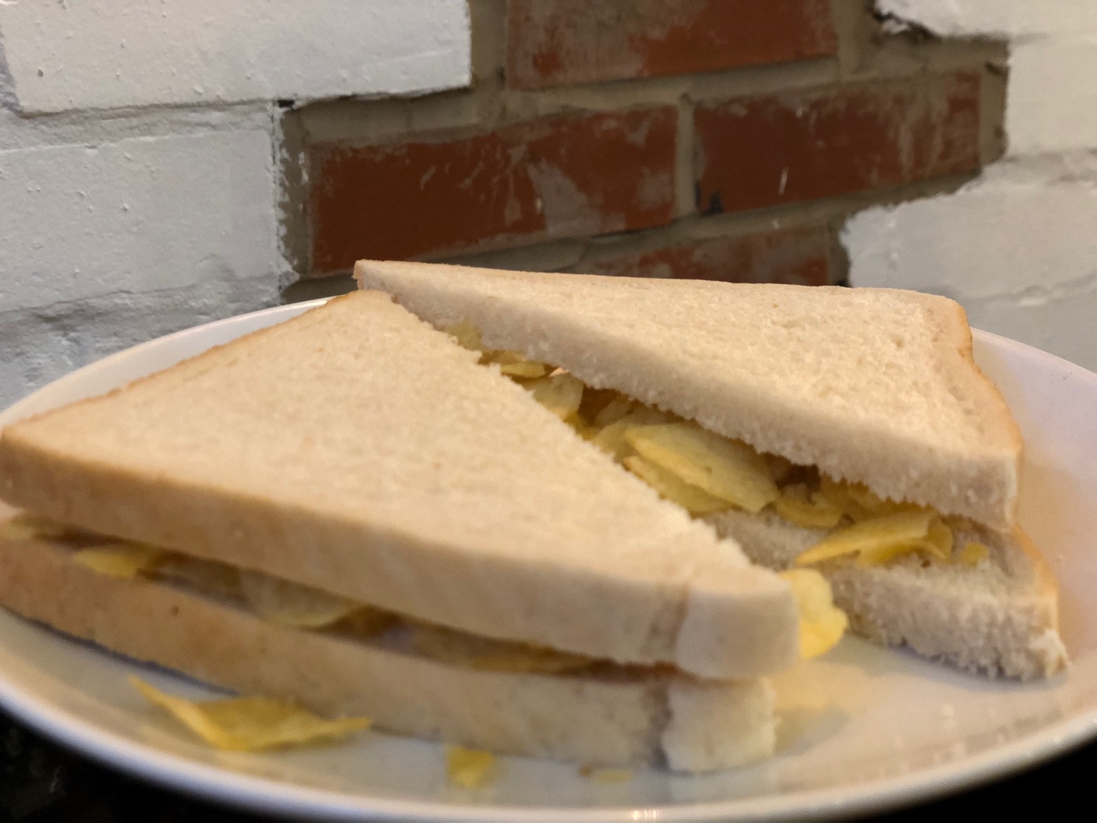 Close-up of diagonally-cut crisp sandwich
