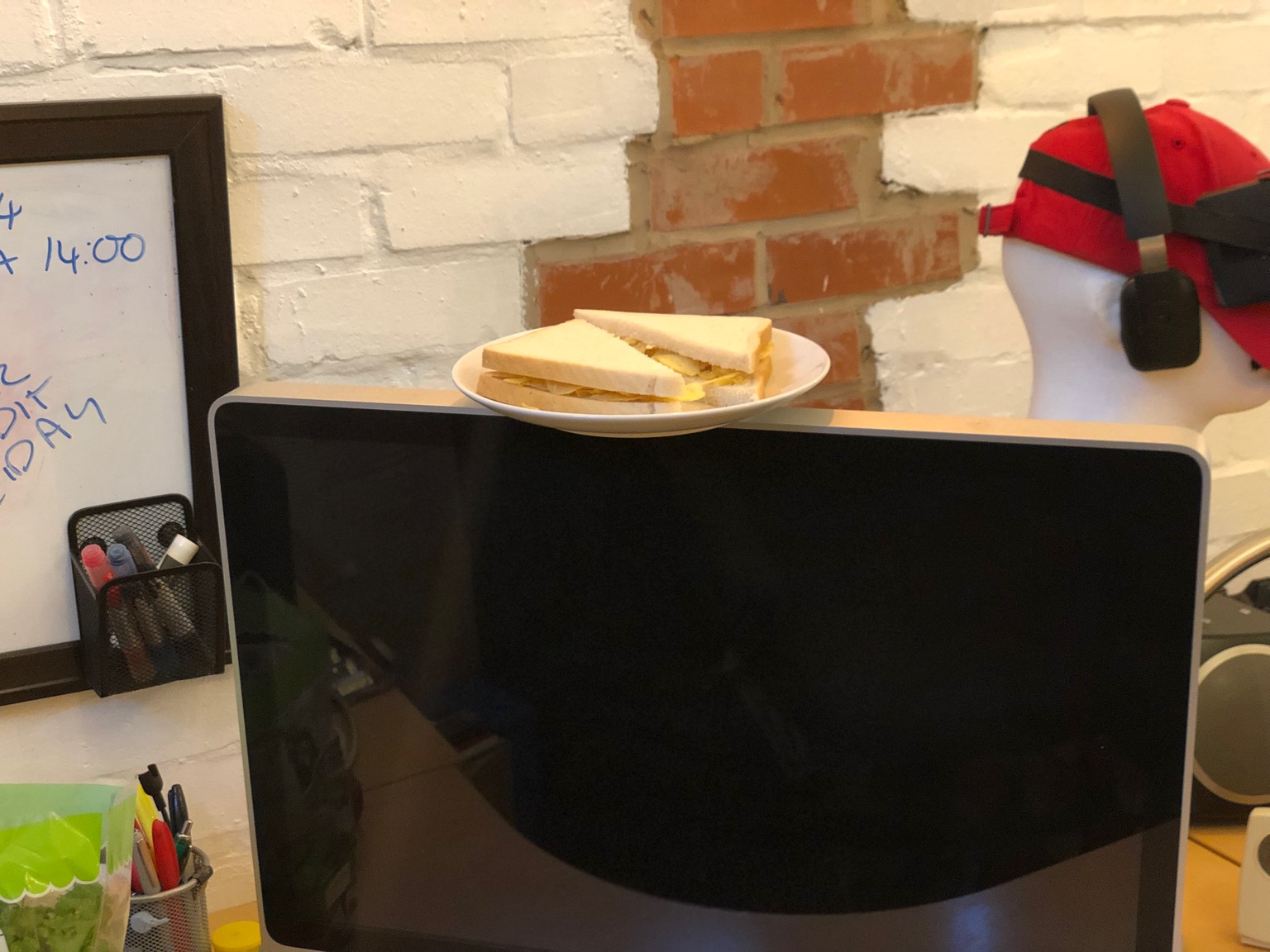 Diagonally-cut crisp sandwich on a monitor