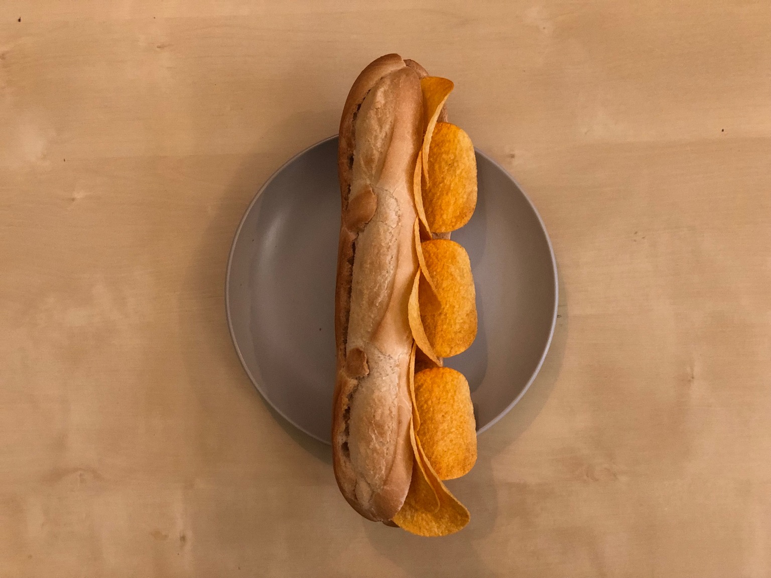 Overhead view of Pringles in a baguette