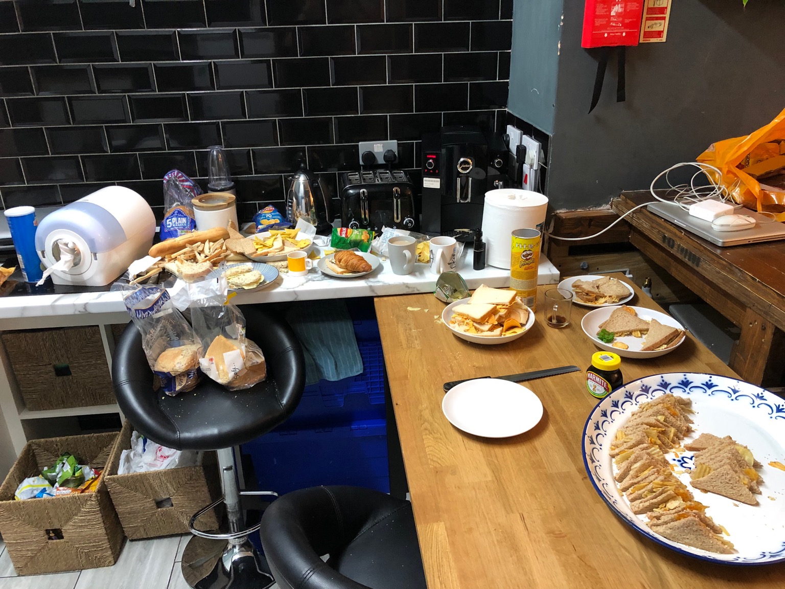 Kitchen scene featuring varied crisp sandwiches