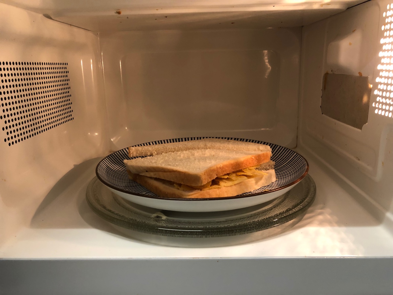 Diagonally-cut white crisp sandwich in a microwave