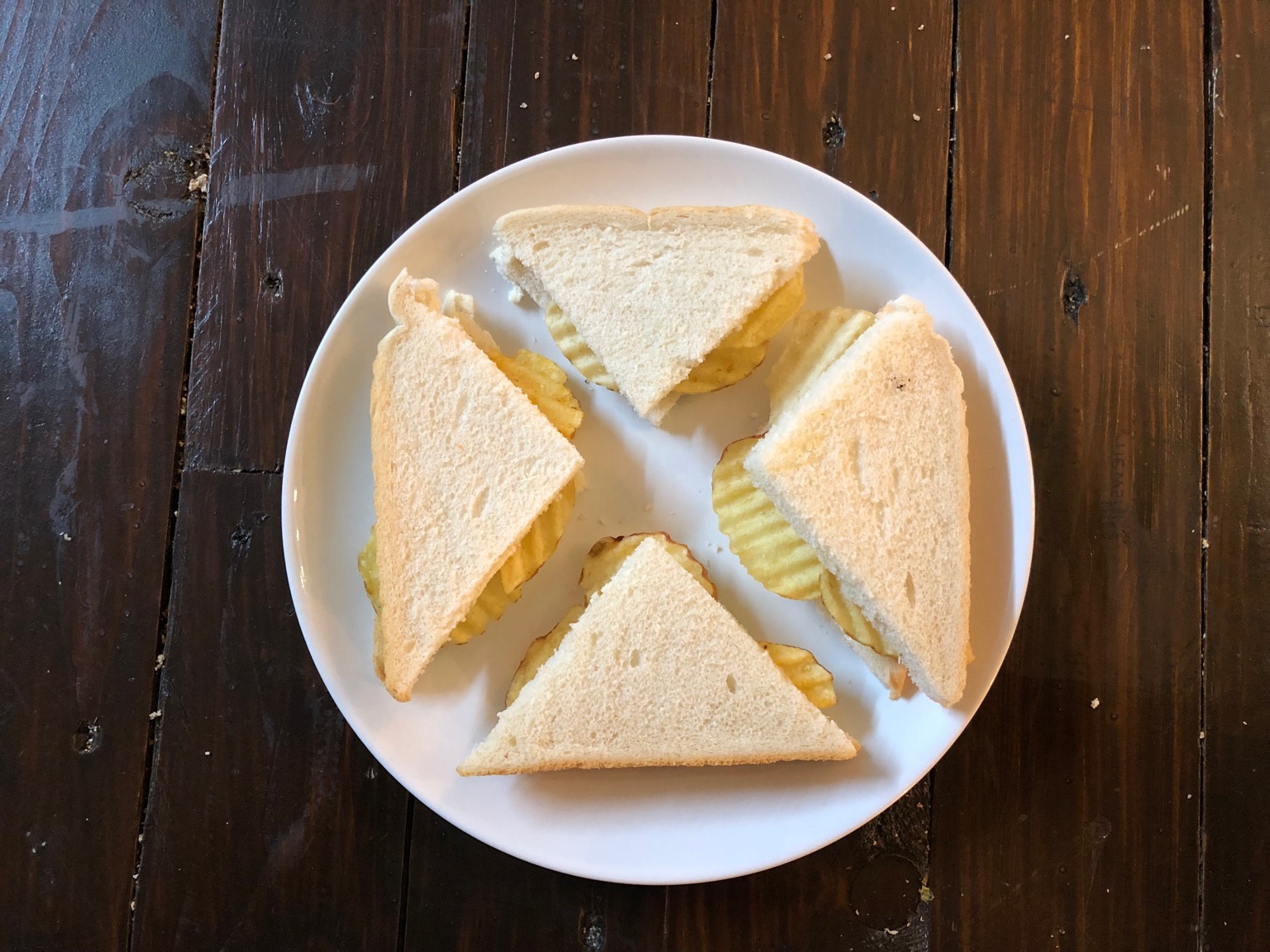 Overhead view of diagonally-cut crisp sandwich