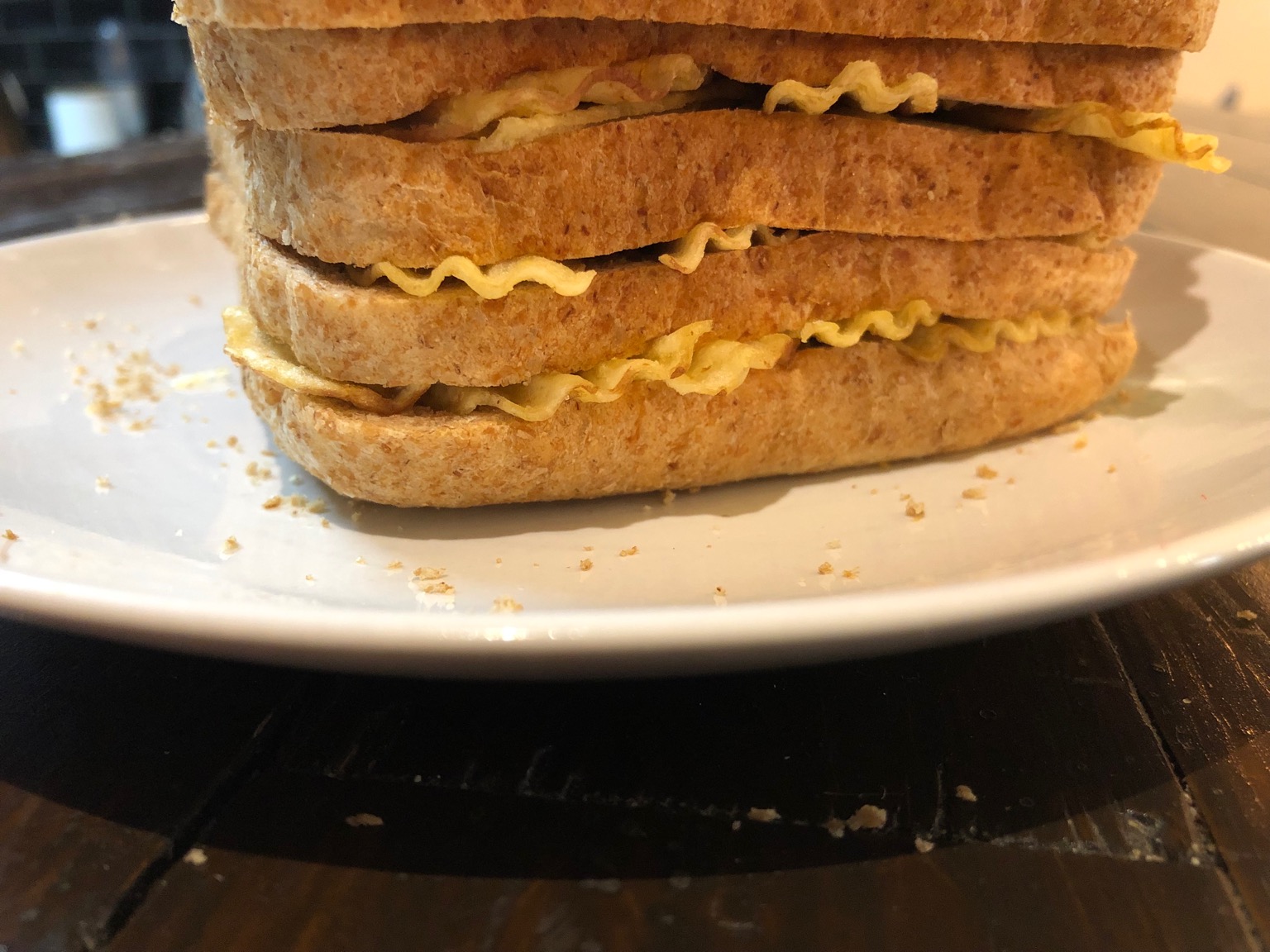 Bottom of huge brown crisp sandwich