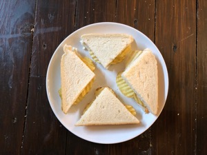 Overhead view of diagonally-cut crisp sandwich