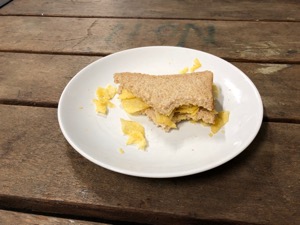 Partially-eaten brown crisp sandwich