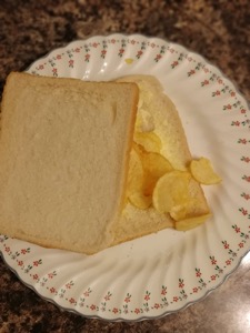 Overhead view of wonky white crisp sandwich