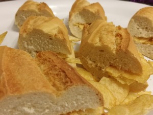 Close up of several crisp-filled baguette segments