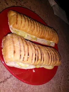 Flash photo of two crisp-filled panini