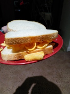 Flash photo of corn snacks between white bread