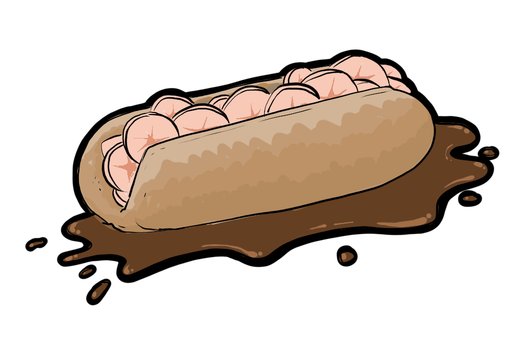 Hotdog bun filled with Skips snacks sat in brown sauce