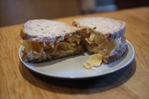 Quavers in brown bread cut in half