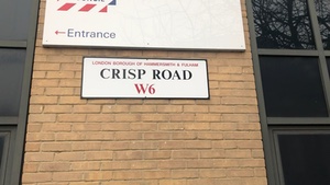 Looking down from Crisp Road sign to show sandwich