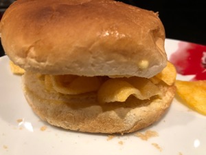 Close-up of corn snacks in a white roll