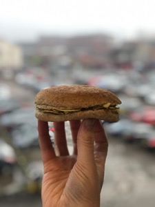 Hand presenting a brown roll containing crisps