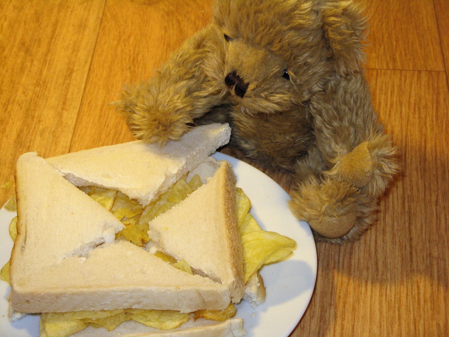Quartered crisp sandwich with a teddy bear