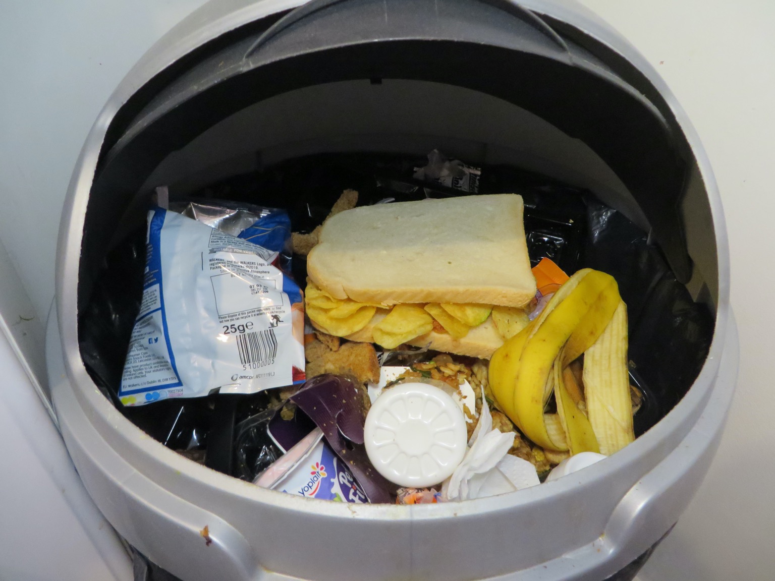 White crisp sandwich in a kitchen bin