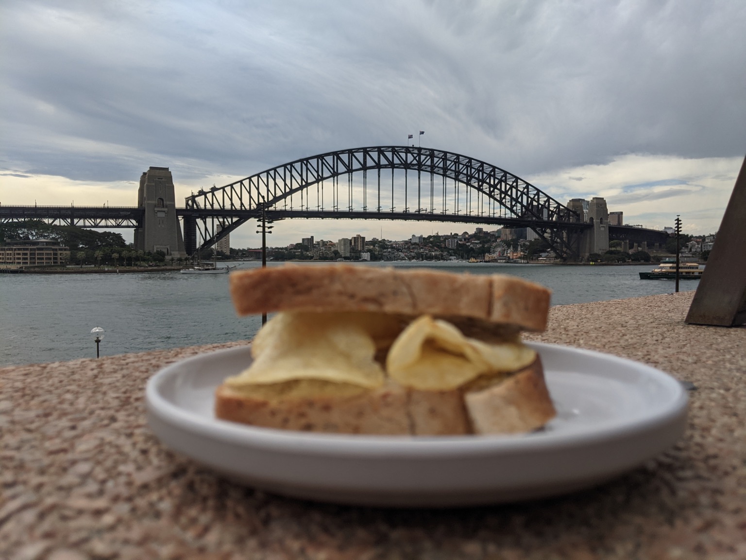 Crisp sandwich with Sydney Harbour Bridge in focus