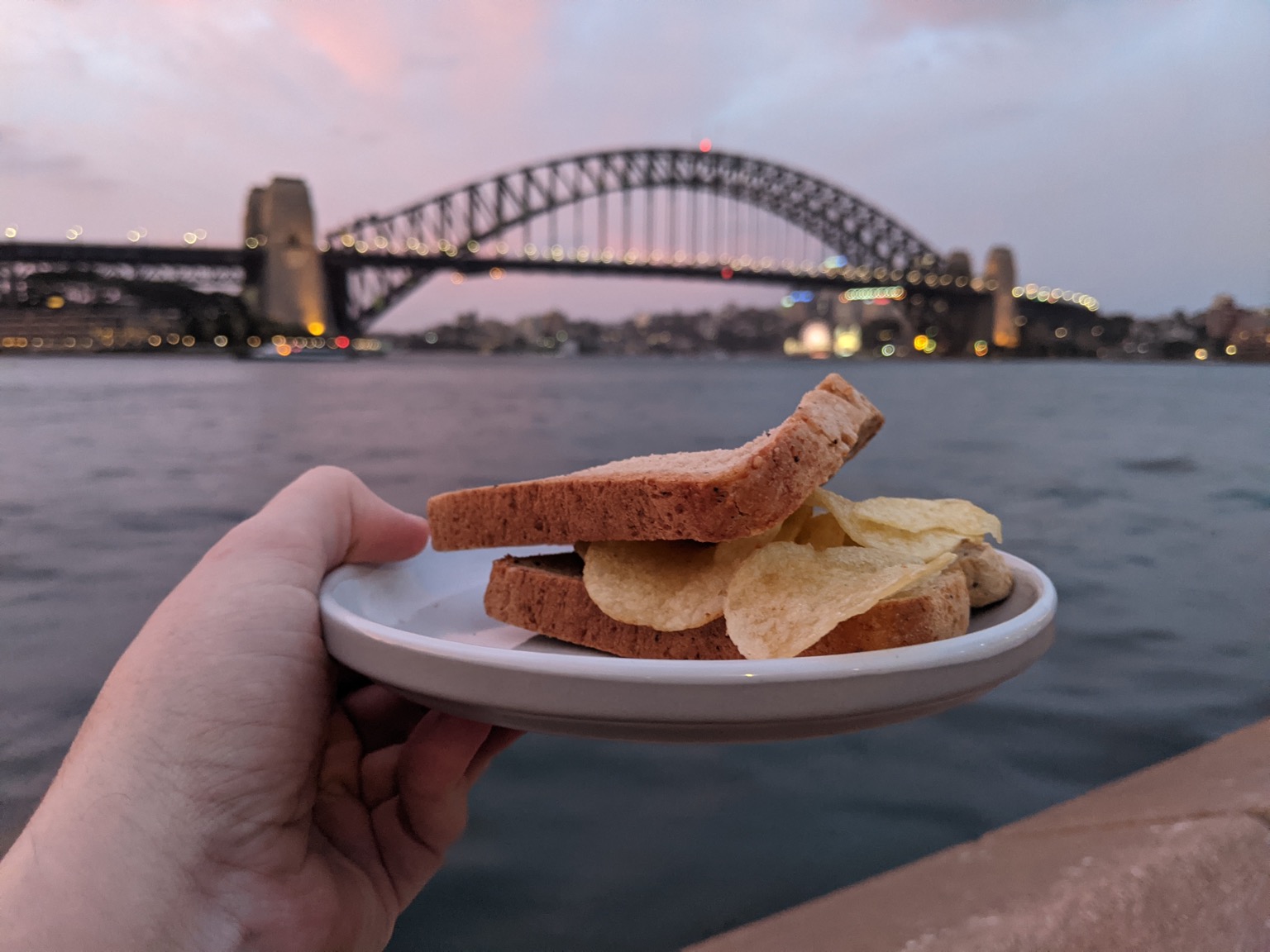 Crisp sandwich with Sydney Harbour Bridge backdrop