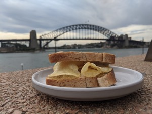 Sydney Harbour Bridge with crisp sandwich in focus