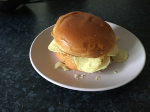 Brioche bun containing potato crisps