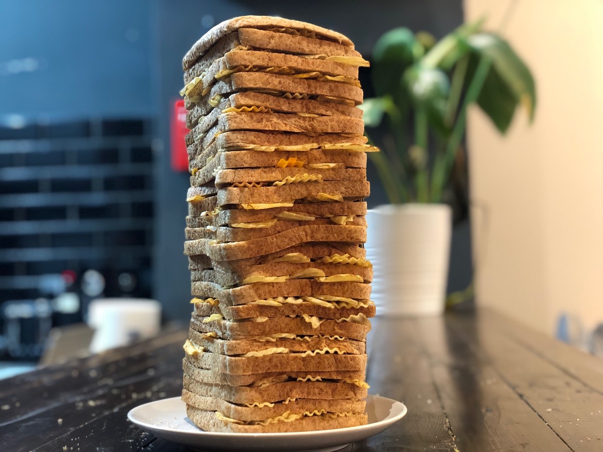 Entire brown loaf filled with crinkle-cut crisps