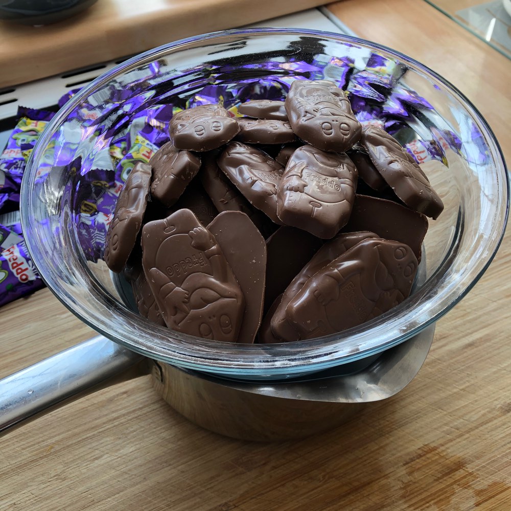 Freddos in bowl over pan