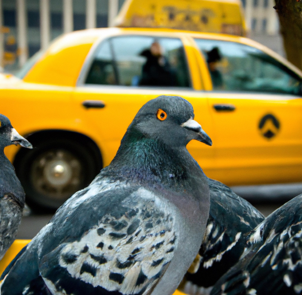 A New York pigeon in front of a taxi
