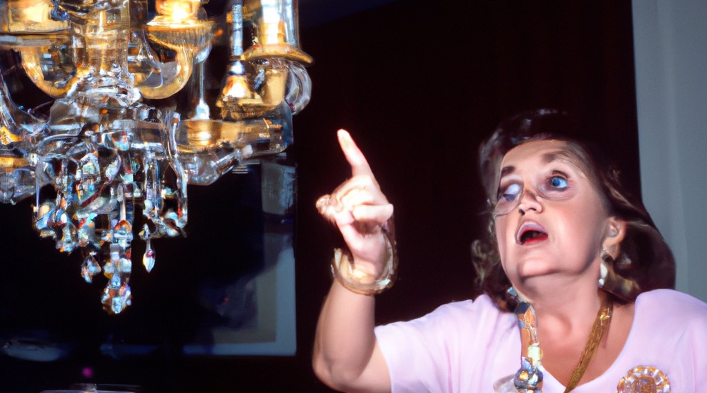 A woman pointing at a chandelier
