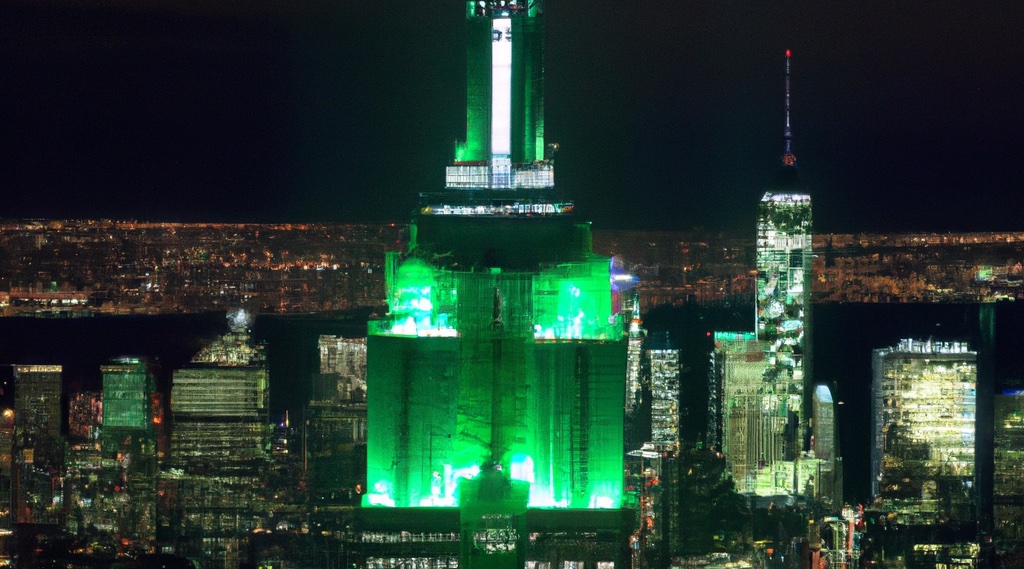 The Empire State Building lit up in green